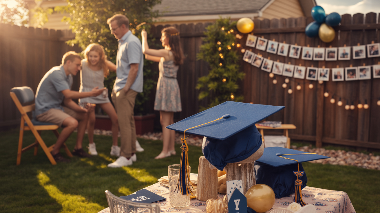 Family playing games in the backyard during a graduation party