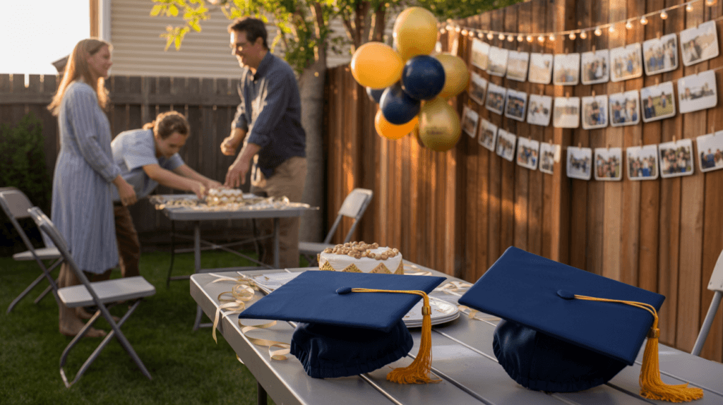 Backyard with a family preparing for a graduation party: tables with food, fence with photos