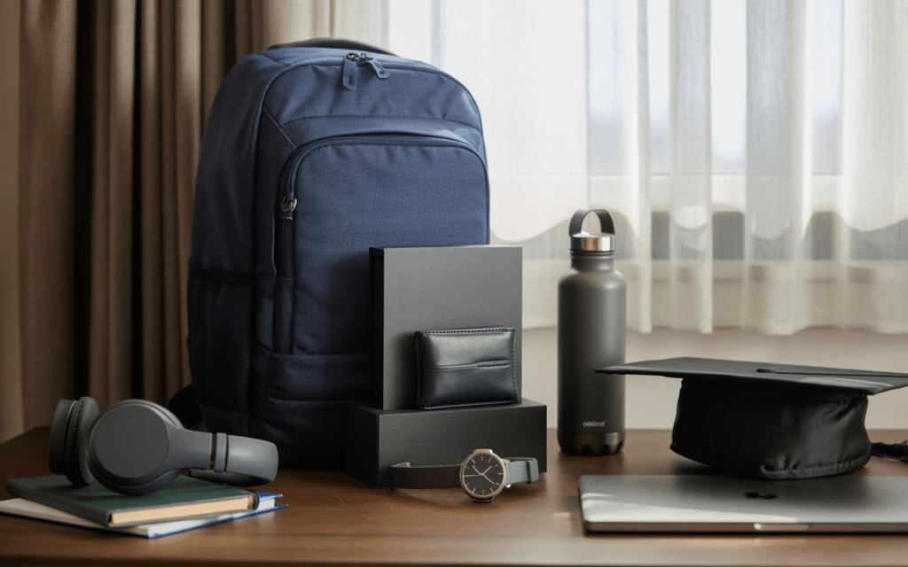 Backpack, water bottle, wallet, headphones and graduation cap sitting on a table in front of a window