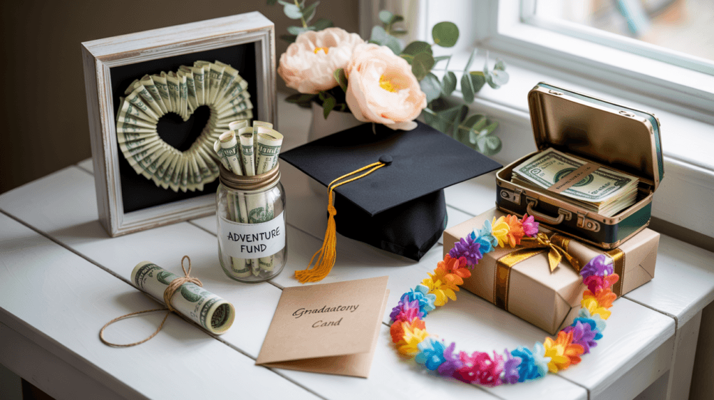 A table with graduation gifts: a frame with a money heart, a jar of money labeld adventure fund, a small suitcasee with money, a lei, a car, a roll of money