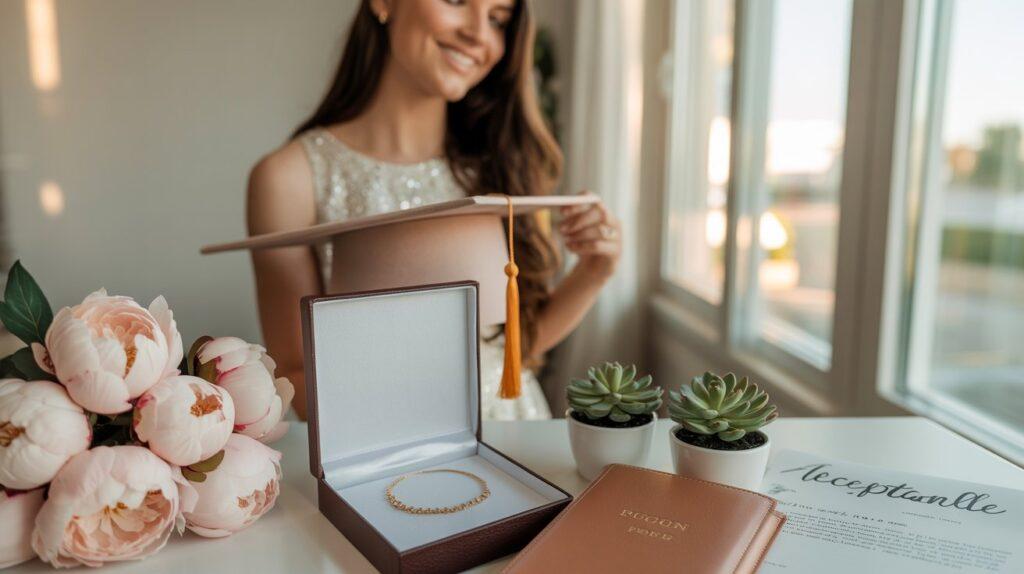 High School Graduation Gift Ideas for Girls - girl with cap and gifts on table