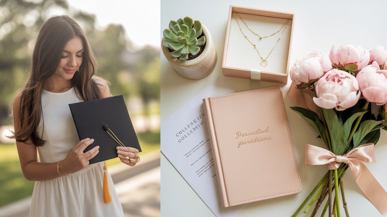 Girl in pretty pink dress holding a graduation cap with some gifts on a table