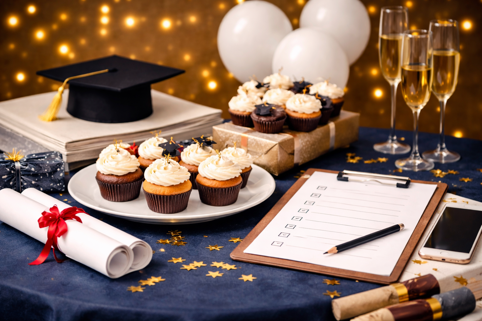 table decorated for graduation with cupcakes and a checklist