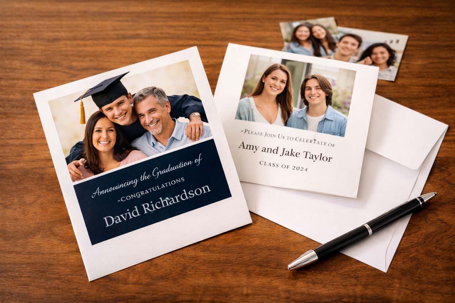 graduation photos on a table with pen and envelope