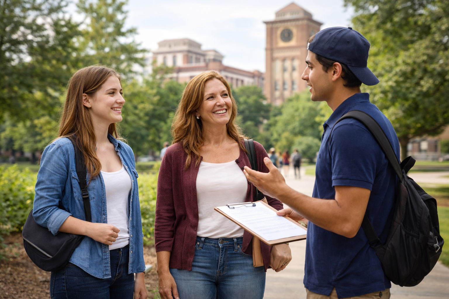 Mom and a daughter on a college tour with male tour guide