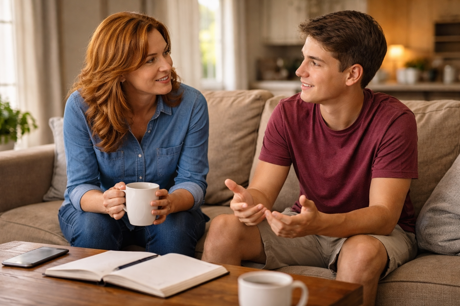 mom and son sitting on couch talking