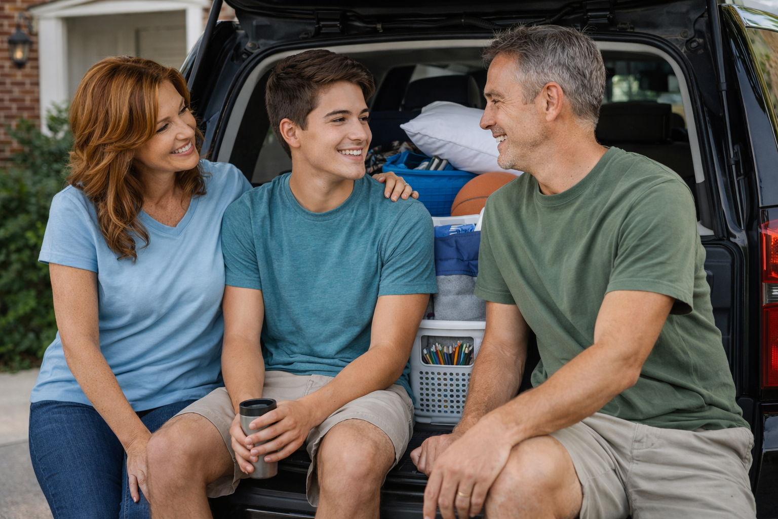 Mom and Dad sitting in the back of a packed car with their son