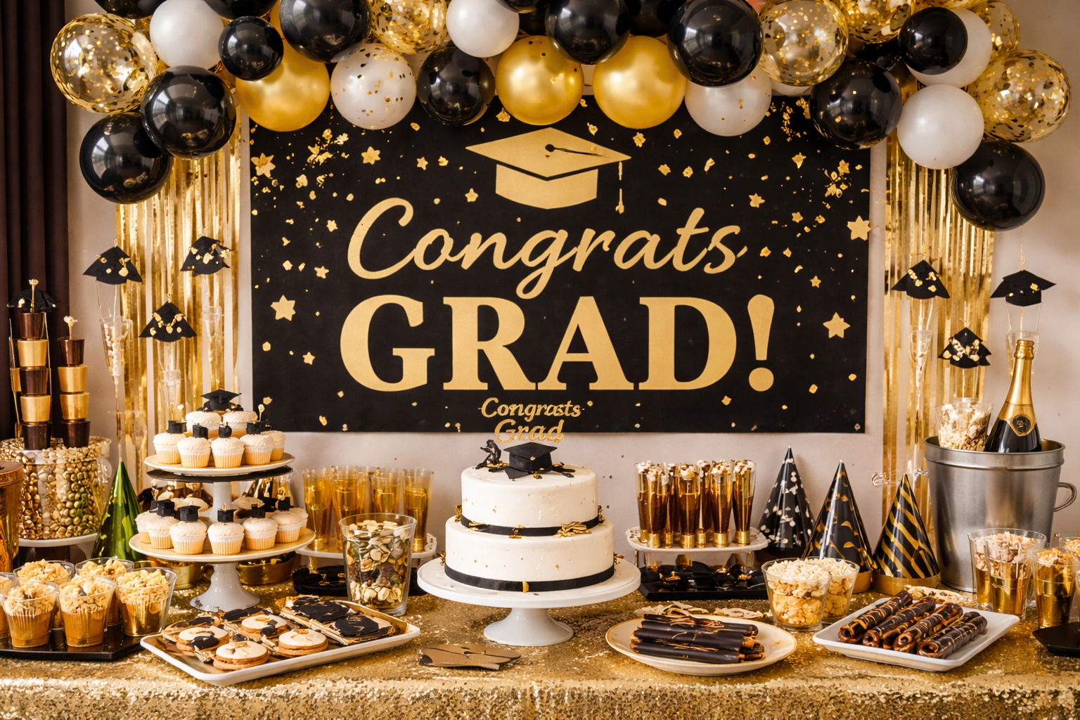 congrats grad sign on the wall with black and gold balloons and a cake and food o na table