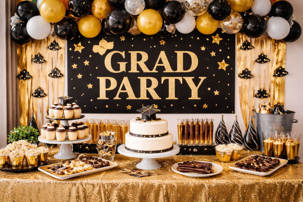 black and gold graduation party decor