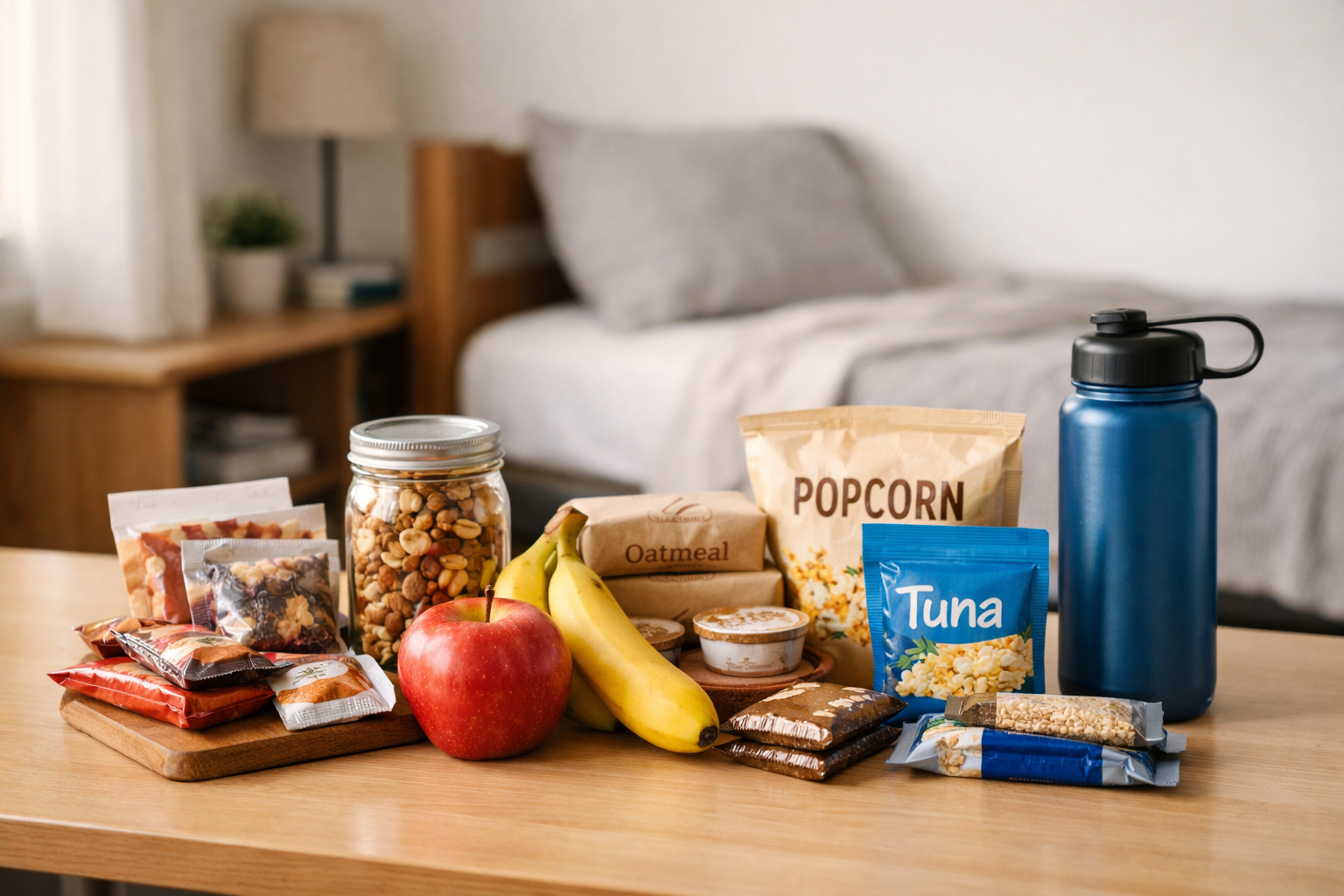 Healthy dorm snack setup on a wooden desk featuring apples, bananas, trail mix packets, granola bars, oatmeal, popcorn, tuna pouch, mixed nuts in a mason jar, and a reusable water bottle, with a neatly made twin bed blurred in the background of a college dorm room.