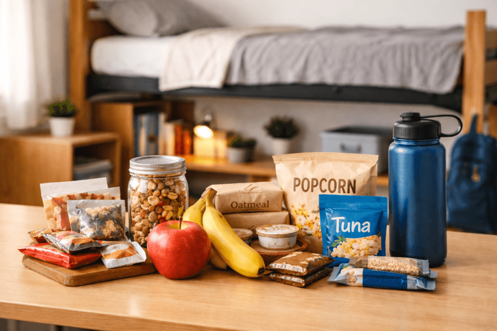 Affordable healthy dorm snacks arranged on a wooden desk including apples, bananas, granola bars, trail mix, oatmeal packets, popcorn, tuna pouch, mixed nuts in a mason jar, and a reusable water bottle, with a lofted twin bed and dorm shelving softly blurred in the background.