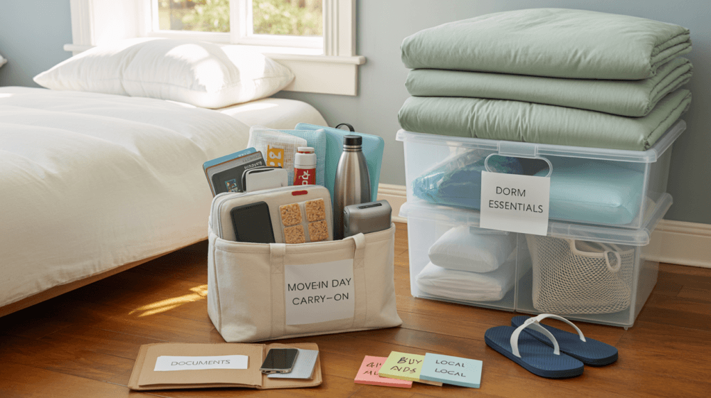 bag filled with things for college marked "move in day carry on" and clear container with sheets and pillows and blankets on top
