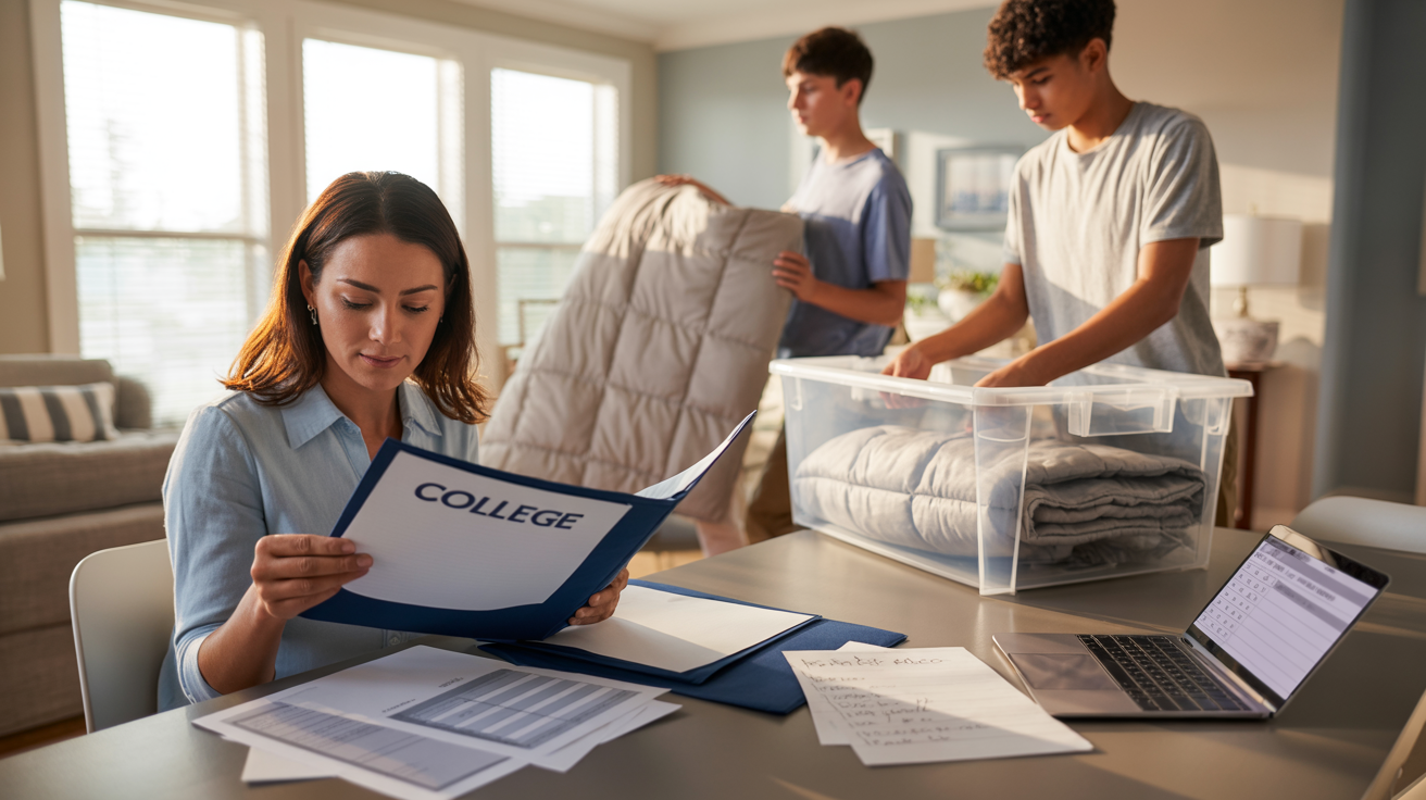mom sitting at table looking at college checklist while teo boys pack behind her